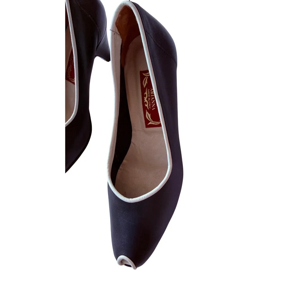 Creazioni Arianna Italian Leather Peep Toe Kitten Heels Navy Blue White Trim 7